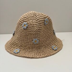 Beach Straw Bucket Hat with Blue Flowers
